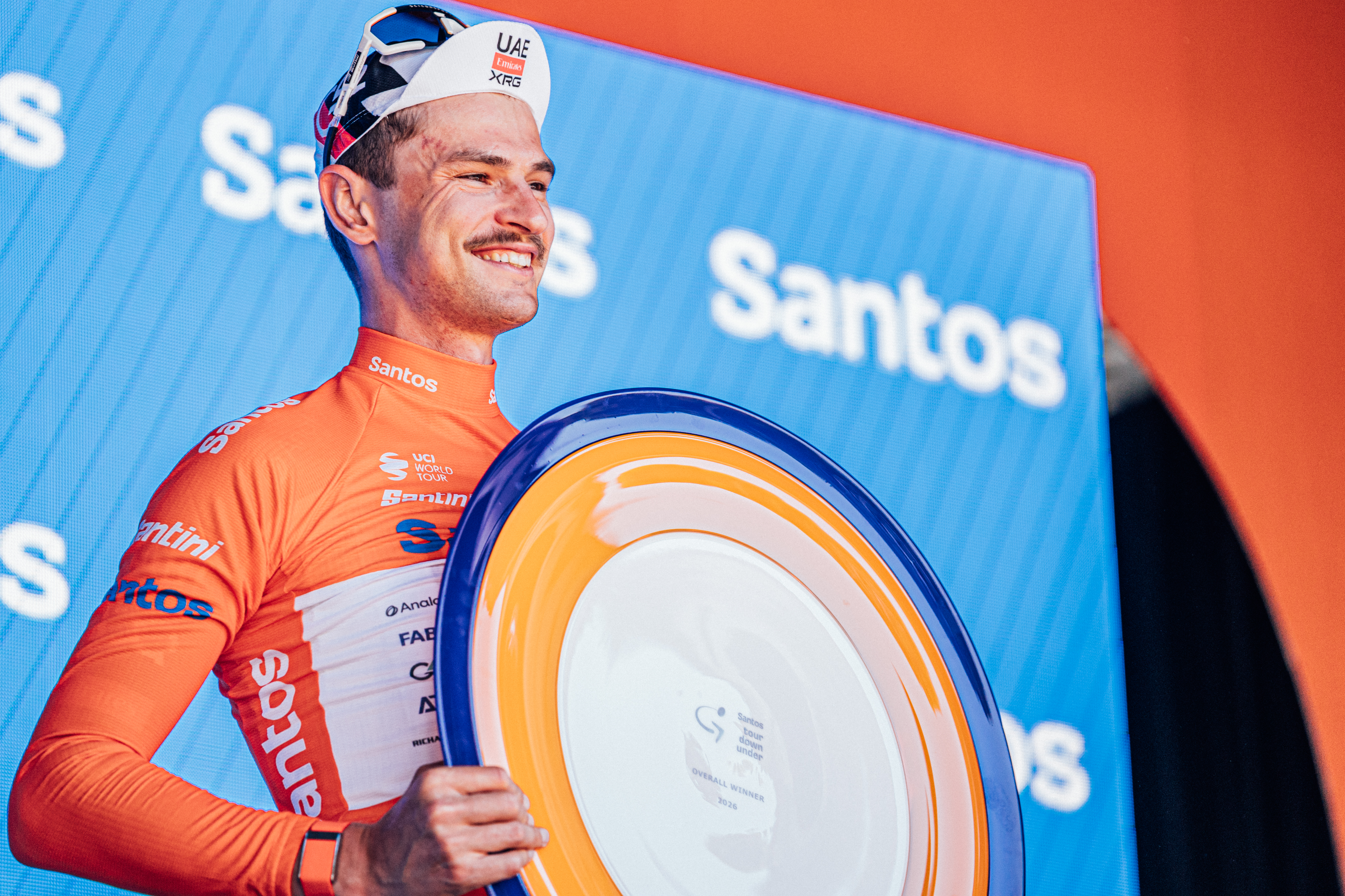 Jay Vine with his winner's trophy of the 2026 Tour Down under