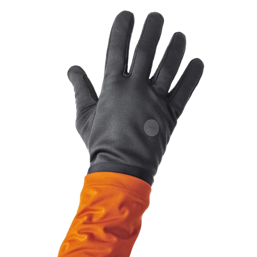 Ornot Alpha Winter Gloves in Black, held up by an arm clad in an orange jersey