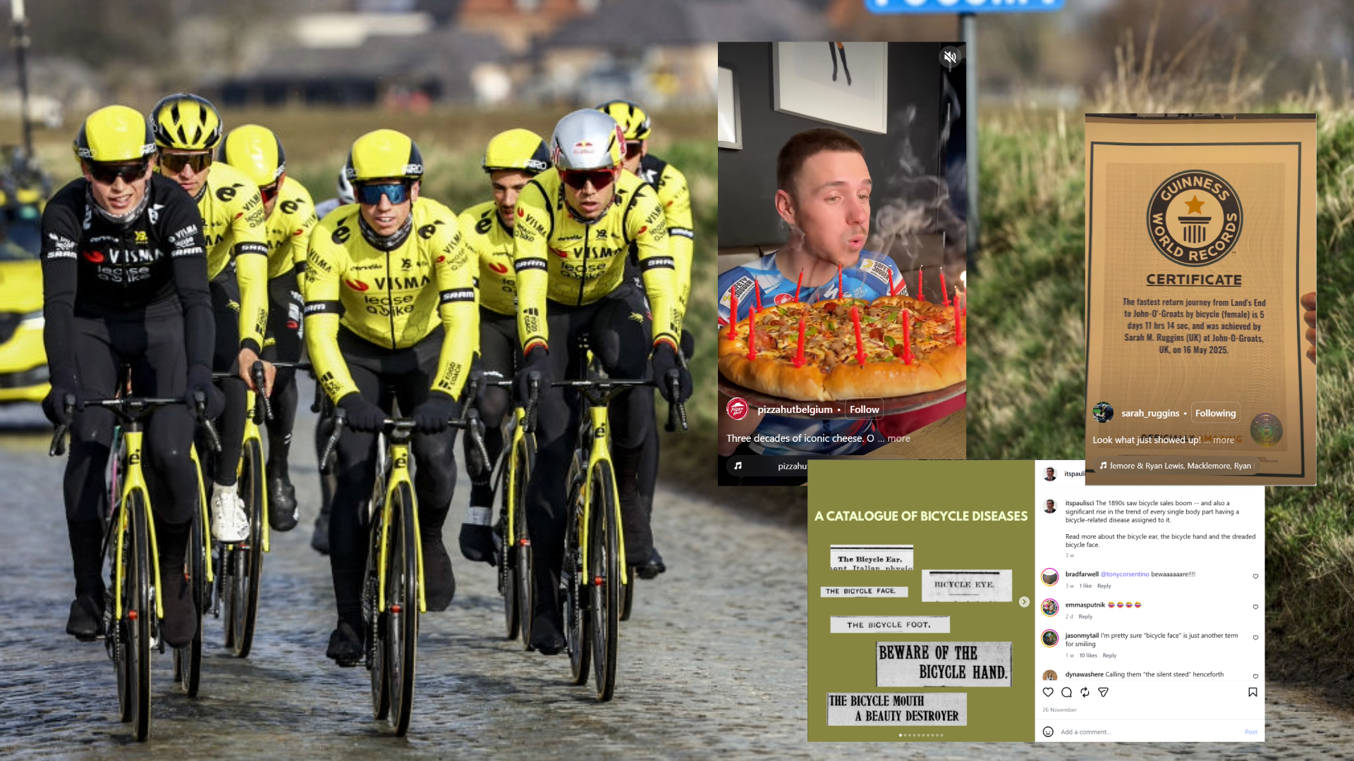 A group of Visma-lease a bike riders ride in a group with screenshots on top